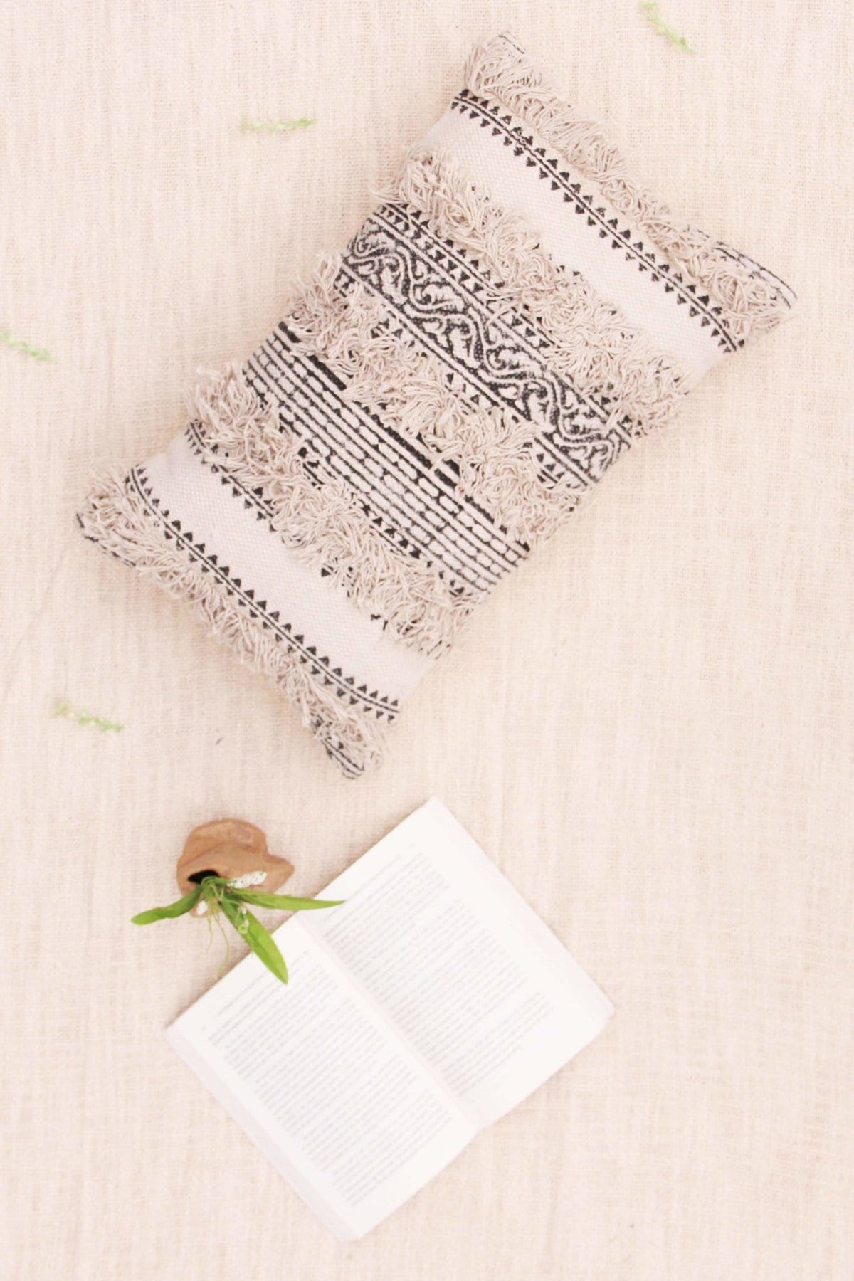 Soft Block-Printed Shaggy Lumbar Cushion Cover — Off White — Art Avenue