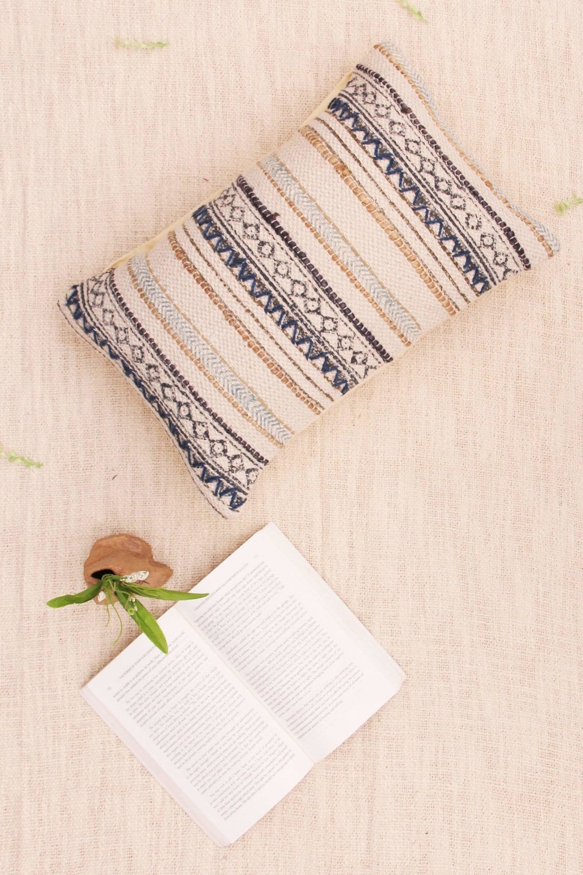 Detail of block-print embroidery on off white lumbar cushion cover — Art Avenue