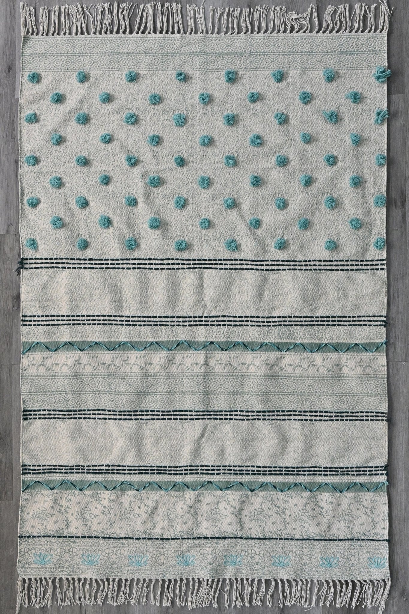 Springfield Block-Printed Cotton Dhurrie Rug in Aqua — Art Avenue