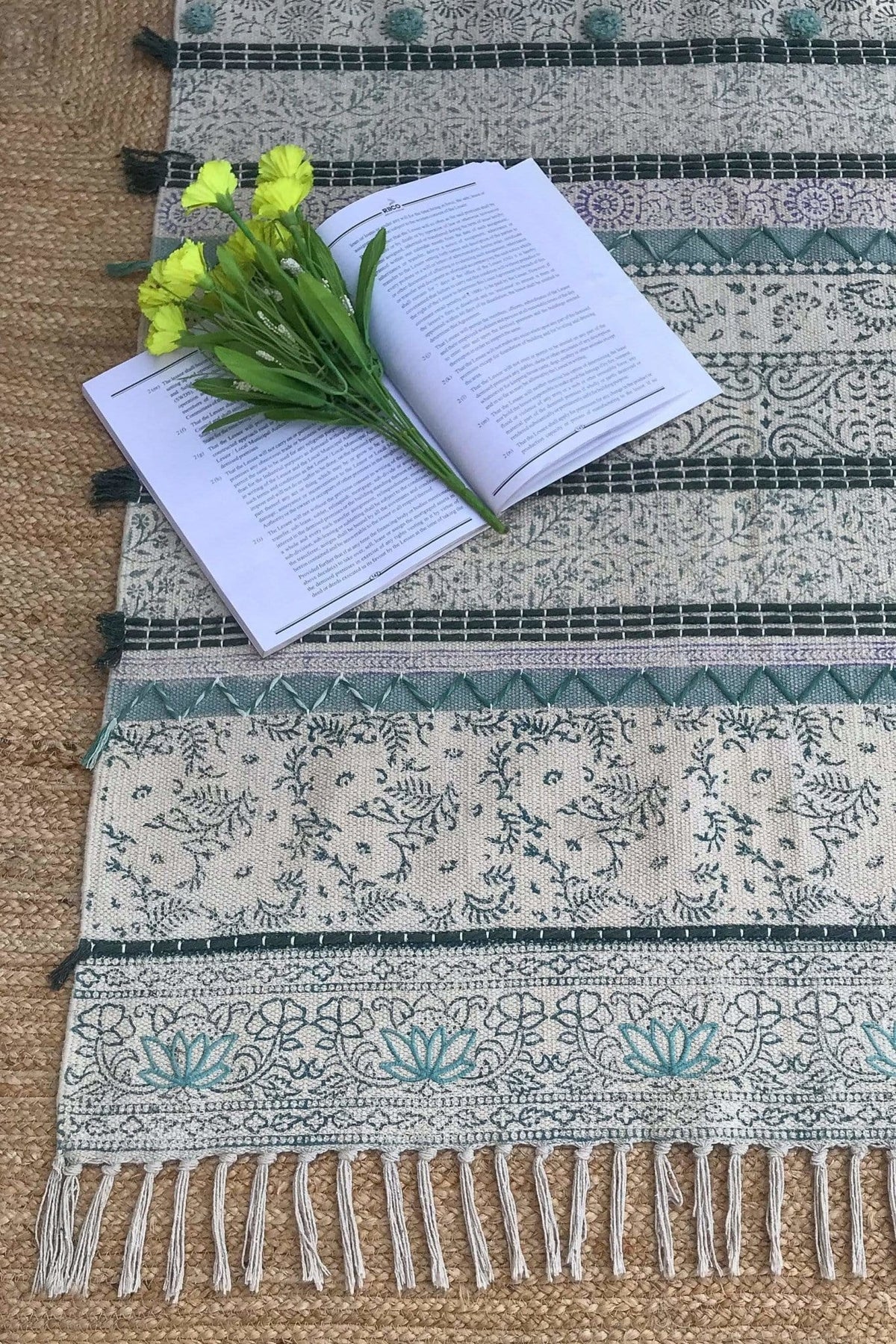 Block-printed cotton dhurrie rug in room setting — Art Avenue