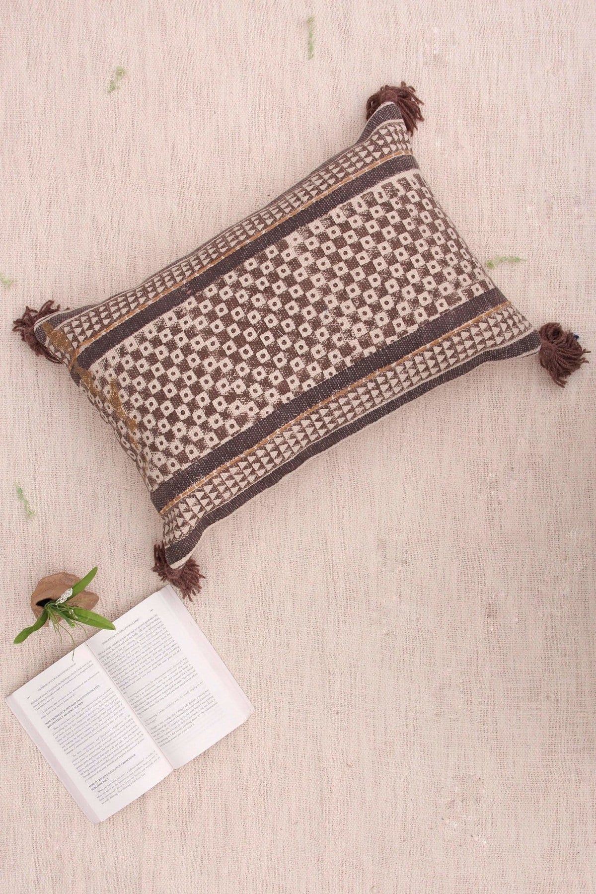 Squaregenics Block-Printed Embroidered Lumbar Cushion Cover — Brown — Art Avenue