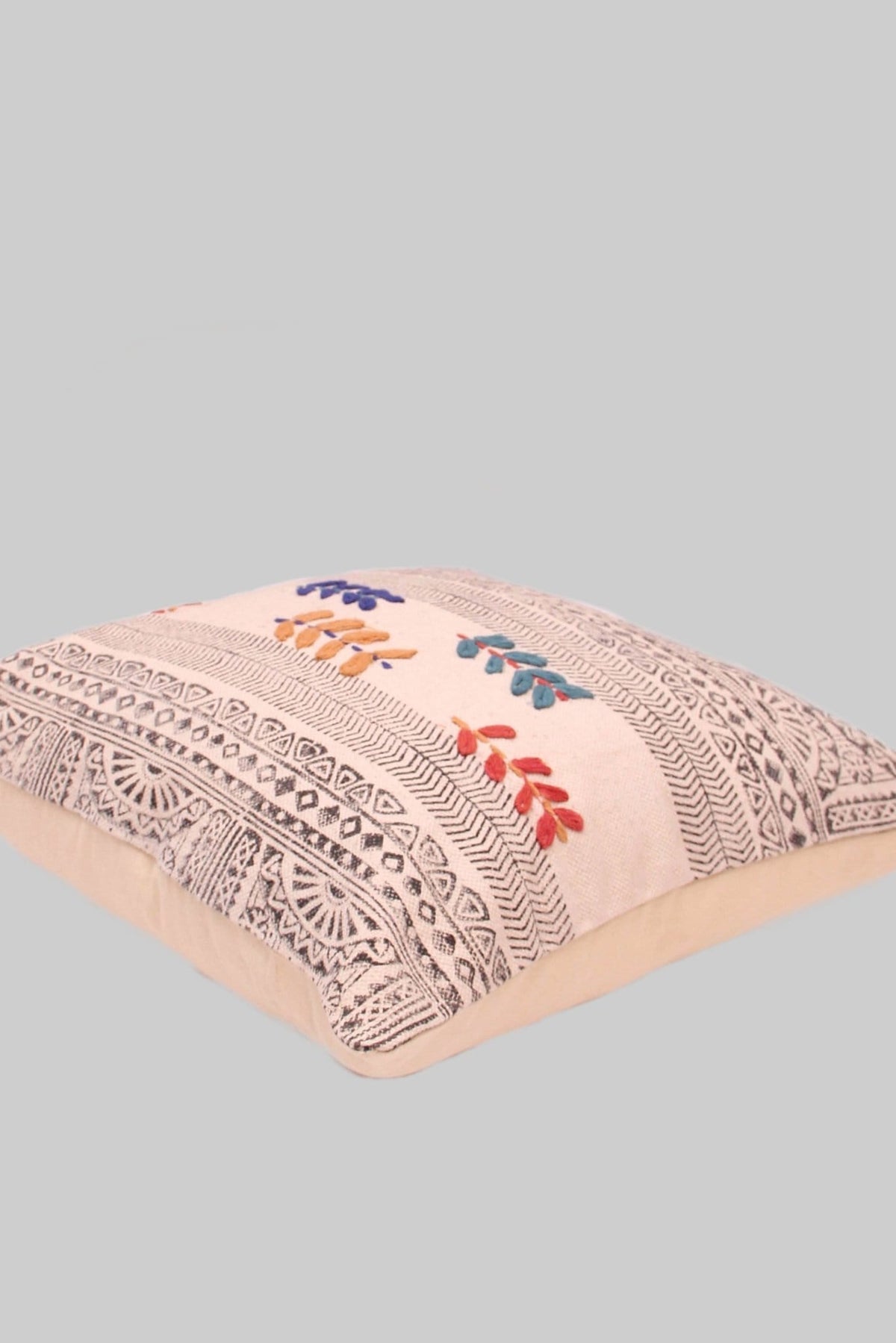 Detail of block-print on off white square cushion cover — Art Avenue