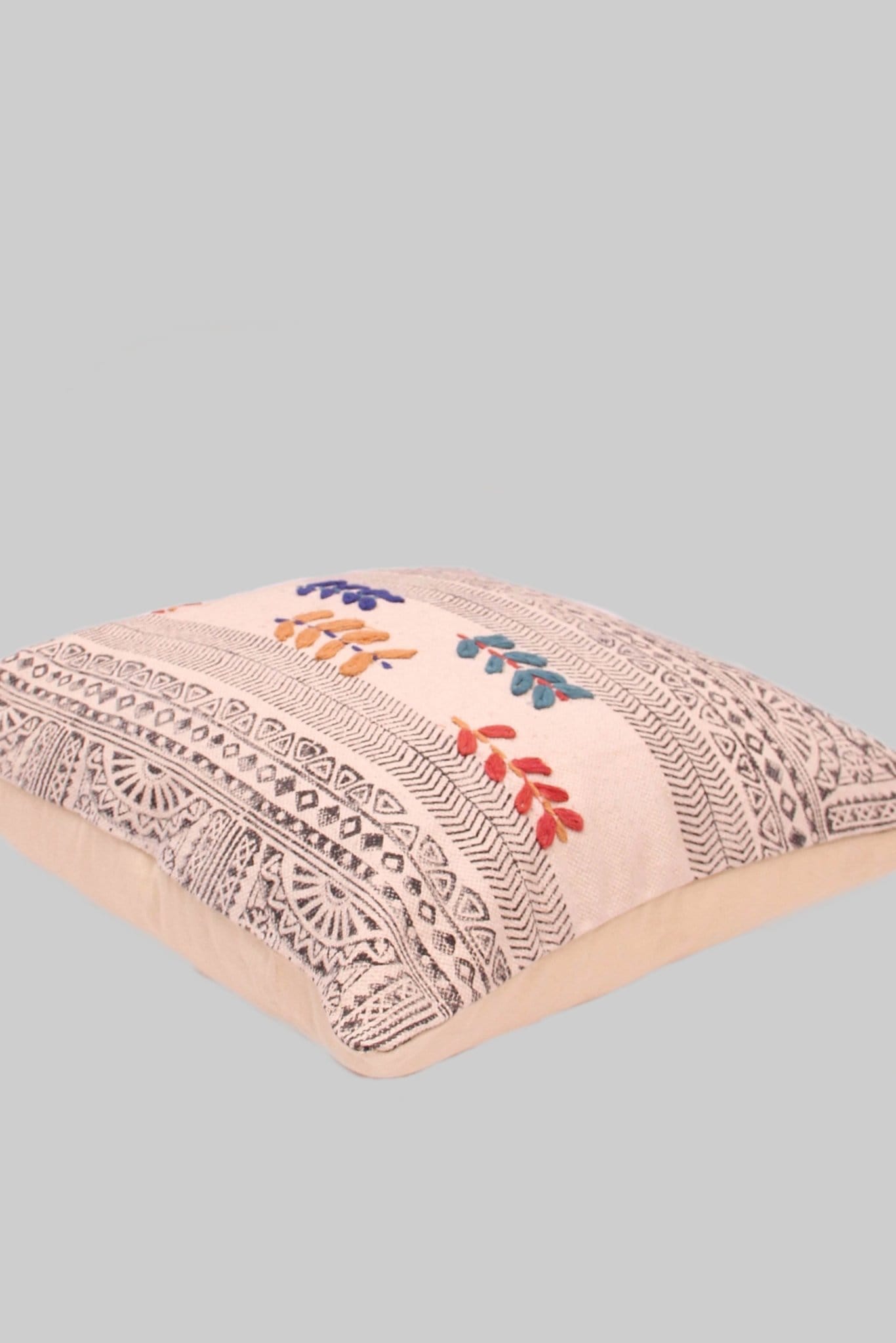 Detail of block-print on off white square cushion cover — Art Avenue