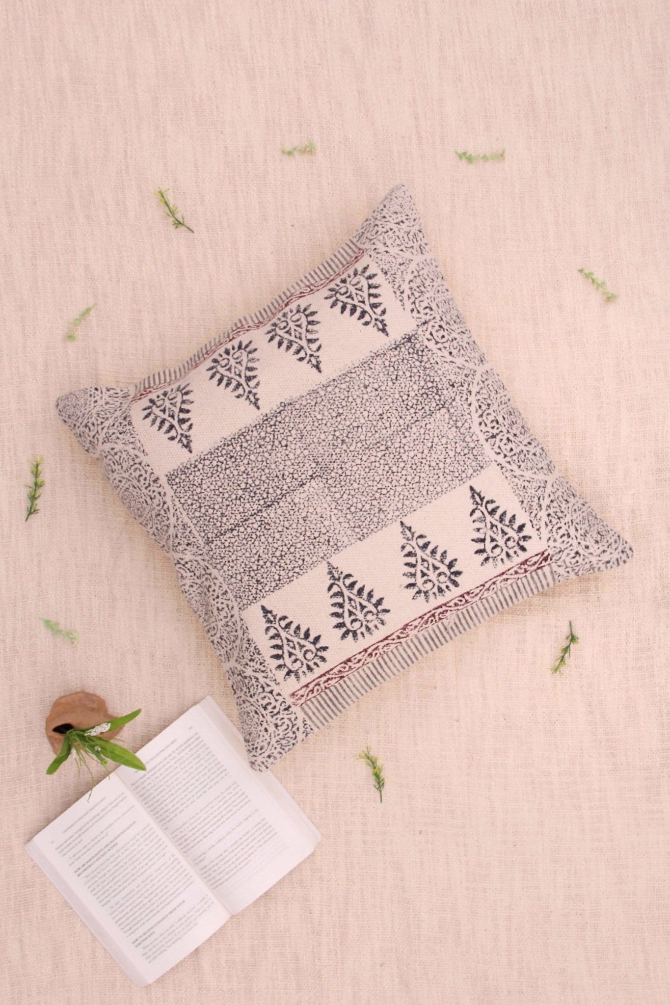 Stream Block-Printed Square Cushion Cover — Black — Art Avenue