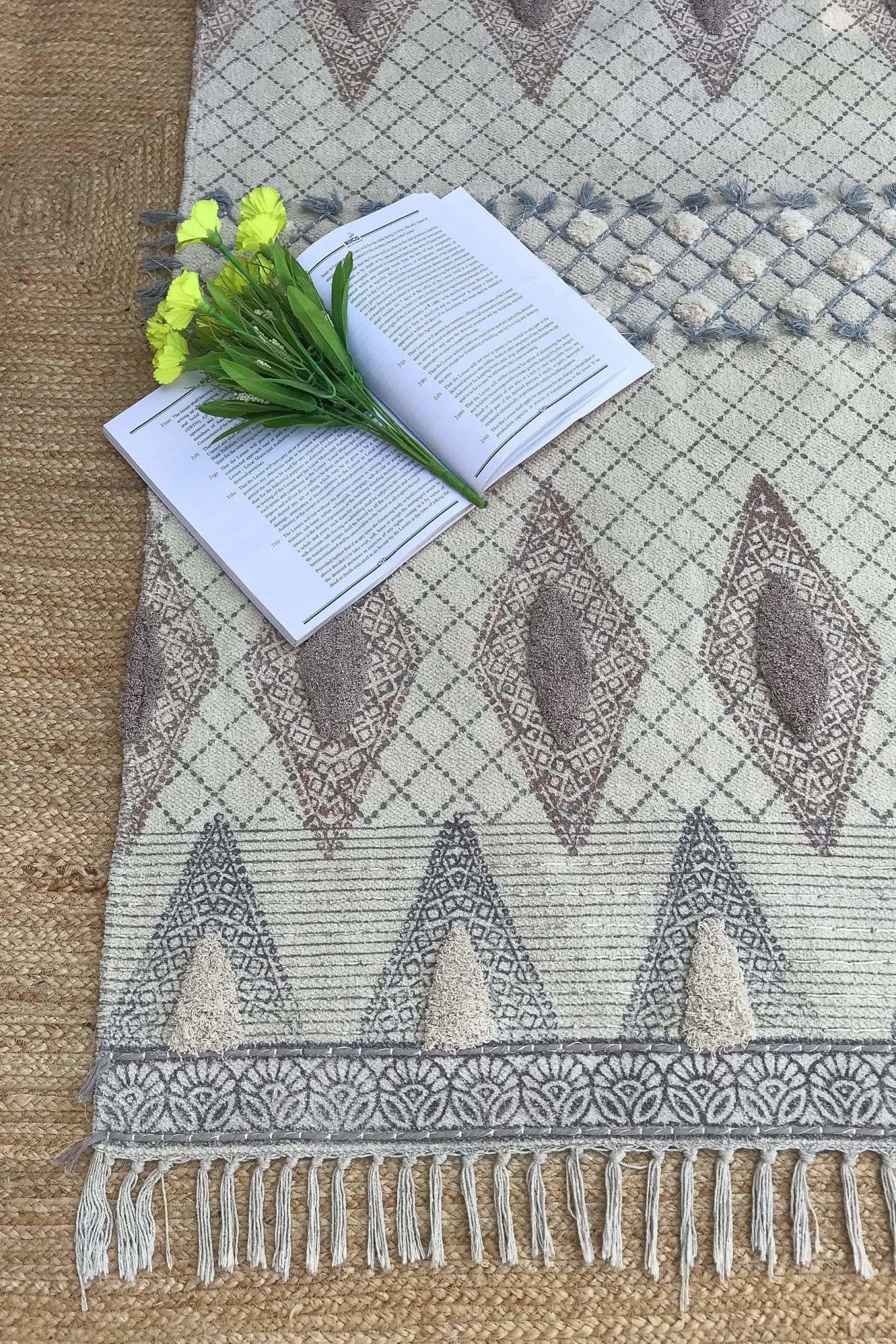 Block-printed cotton dhurrie rug in room setting — Art Avenue