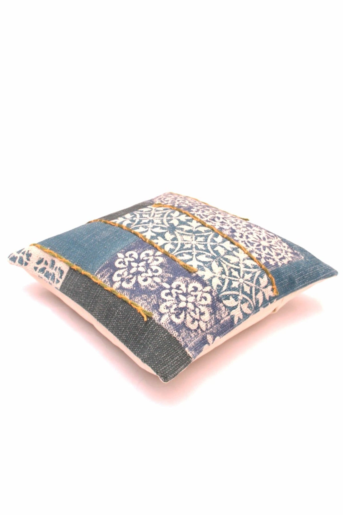 Detail of block-print on blue square cushion cover — Art Avenue