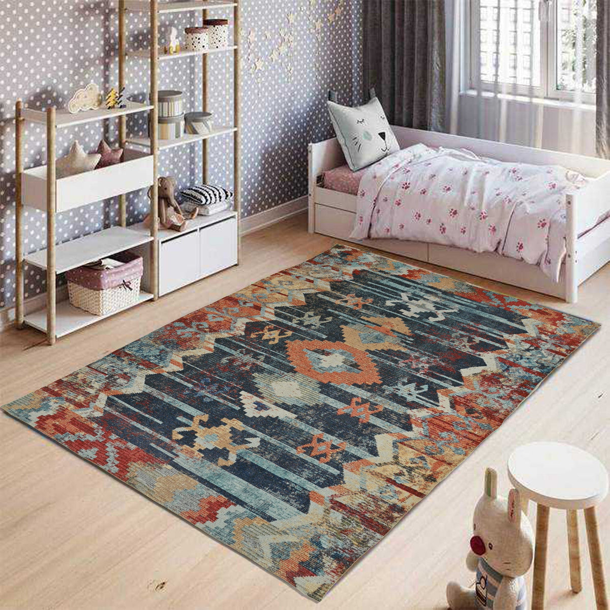 Tinsel block-printed rug room setting — Art Avenue India