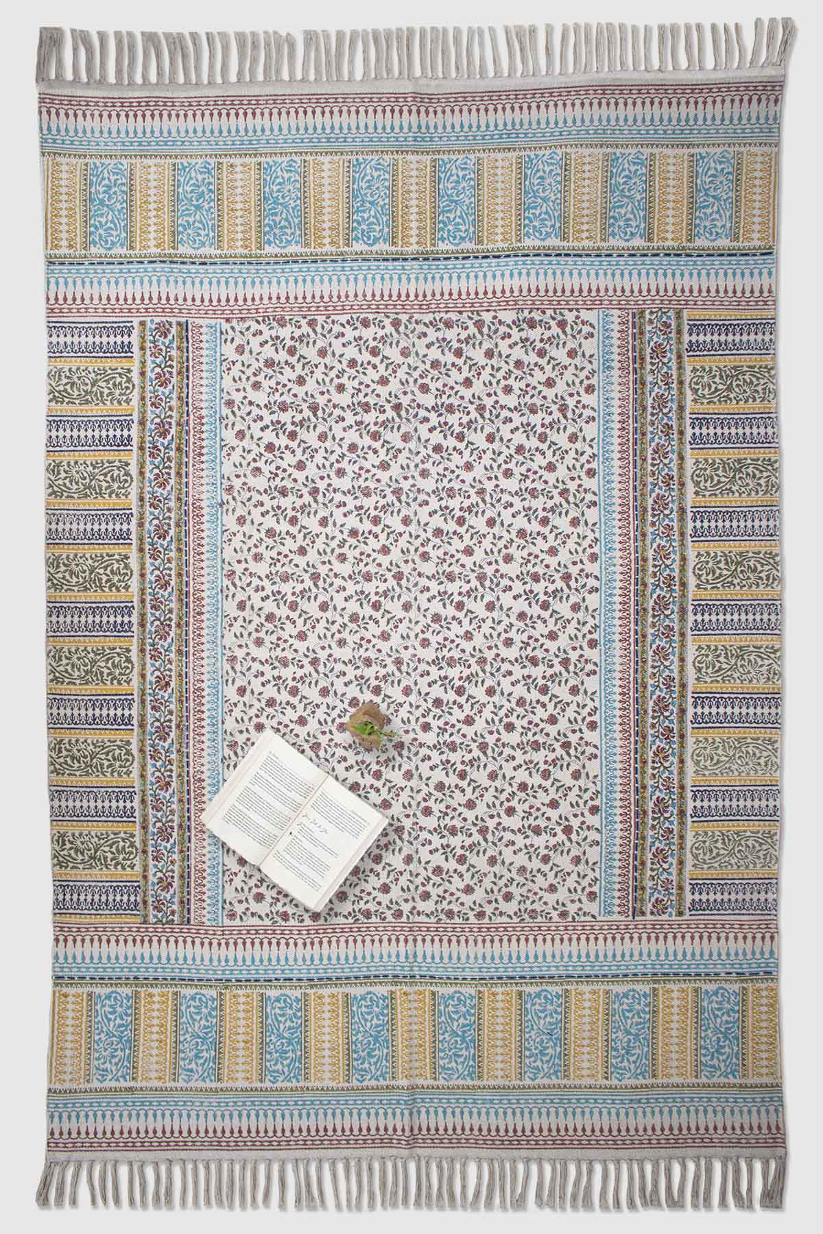 Block-printed cotton dhurrie rug in room setting — Art Avenue